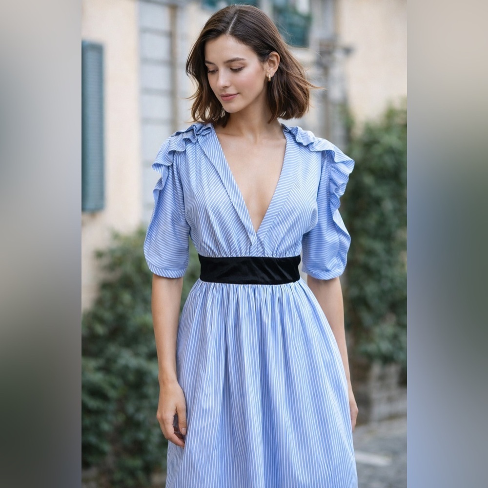 Manoush Womens Dress Sz 42 US 10 Blue White Stripe Ruffle Sleeve Plunge Neckline